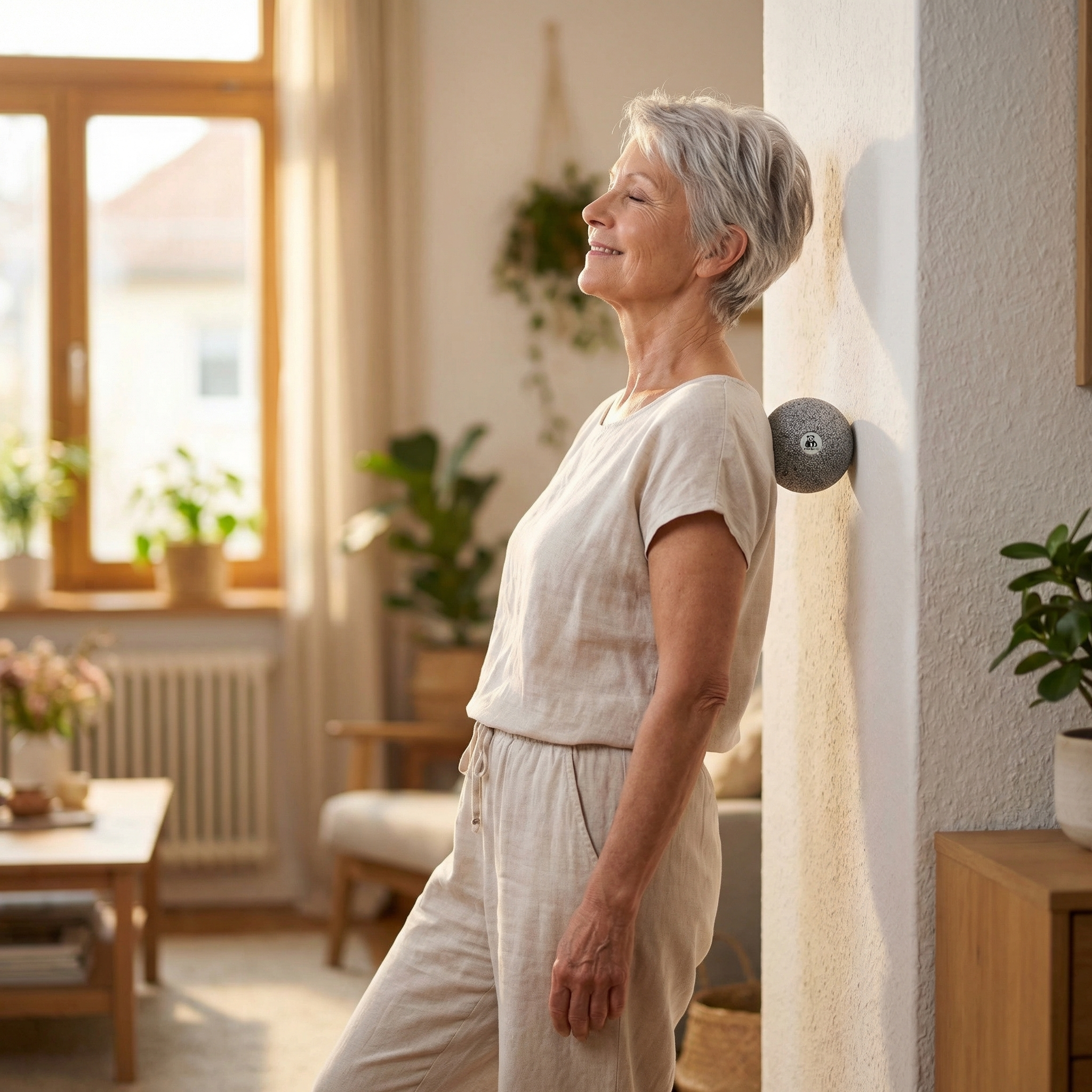 Frau nutzt Faszienball an der Wand zur Schultermassage
